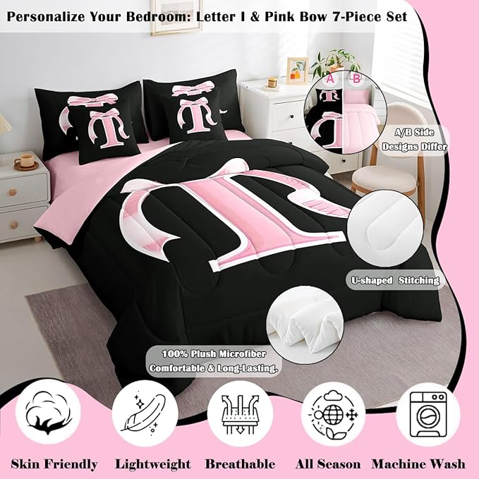 jejeloiu Kids Girls Black Pink Bow Comforter Set with Sheets Twin Size Monogrammed 7 Piece Bedding Set Personalized Initial I Bed in a Bag with Comforter,Sheets,Pillowcases Modern Fashion Bed Set