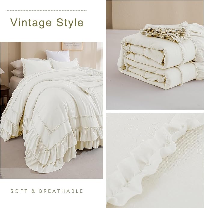 QSH Ivory Ruffled Oversized King Comforter 120x120,3PCs Farmhouse Shabby French Country Chic Ruffle Bed Comforter Set Lightweight Boho California King Comforter Ultra Soft Microfiber Fluffy Bedding