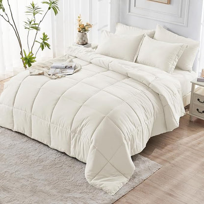 JOLLYVOGUE Full Comforter Set, Ultra-Soft Bed in a Bag Full Size 7 Pieces, Oeko-TEX Certified Bedding Set with Down Alternative Comforter, Sheets, Pillowcases & Shams, Ivory
