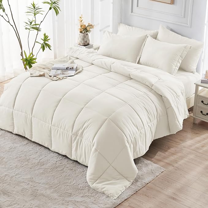 JOLLYVOGUE Twin Comforter Set, Ultra-Soft Bed in a Bag Twin Size 5 Pieces, Oeko-TEX Certified Bedding Set with Down Alternative Comforter, Sheets, Pillowcases & Shams, Ivory