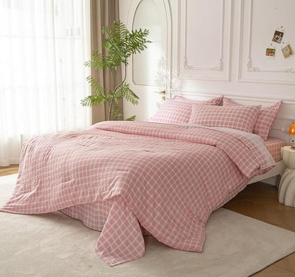 SDY 7PCS Pink Plaid Comforter and Sheet Set Twin Size, Super Soft Microfiber Gingam Bedding Set for Kids Girls Includes 1*Comforter,1* Flat Sheet, 1*Fitted Sheet,2*Pillowcases and 2*PillowcaseShams