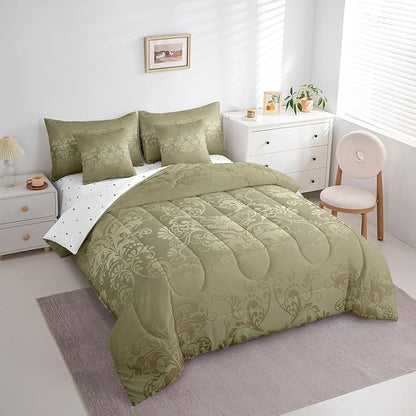 Erosebridal Gothic Damask Comforter Set 7 Piece Bed in a Bag Twin,Exotic Moth Bedding Sets Olive Grey Victorian Floral Goth Sheet Set with Comforter