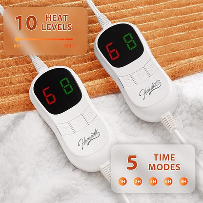 Homemate Electric Heated Blanket Queen Size - 84"x90" Heating Blanket Queen Size Dual Control 1/2/4/6/8 Hours Auto-Off 10 Heat Level Over-Heat Protection Soft Flannel Sherpa ETL Certification
