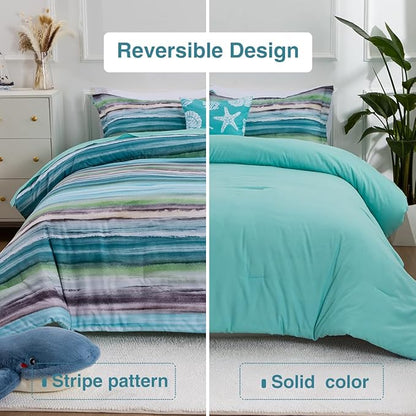 Holawakaka Beach Stripe Bedding Sets 6 Pieces, Aqua Coastal Striped Comforter Set King Size All Season Geometric Bed Set, Nautical Bed in a Bag with Comforter, Sheets and Shams