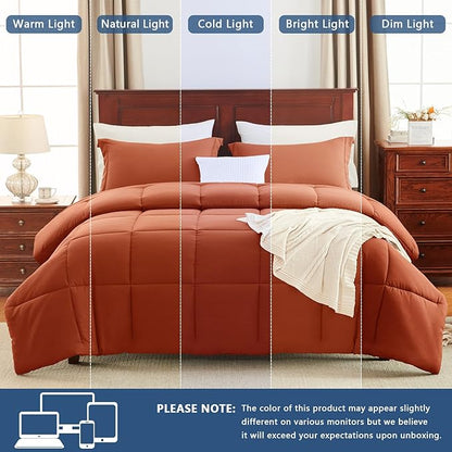CozyLux King Size Comforter Sets - Terracotta Comforter King Size, 3 Pieces Burnt Orange Box Stitched Bed Set for All Seasons, Soft Bedding Sets with 1 Down Alternative Comforter and 2 Pillow Shams