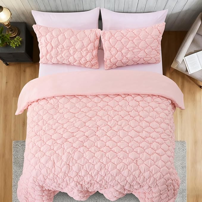 Holawakaka Luxury Blush Full Size Quilt Bedding Set 3-Piece, Solid Color Soft Microfiber Diamond Quilted Bedspread Coverlet with 2 Pillow Shams, Lightweight Bed Comforter Sets