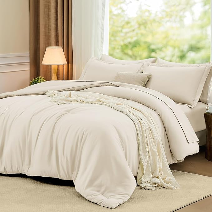 FUANNA Twin XL Comforter Set Cream White, 5 Pieces Soft Twin XL Size Bedding Sets, All Season Lightweight Bed in a Bag with Comforter, Flat Sheet, Fitted Sheet, Pillowcase & Sham