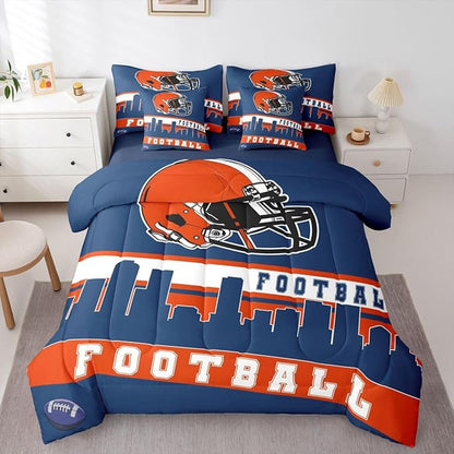 Erosebridal Football City 7 Pcs Comforter Set Twin Football Bedding for Boys Girls Blue Orange Rugby Game Sheet Set Bed in A Bag Football Fans Bedroom Decor Sports Ball Team Bed Set