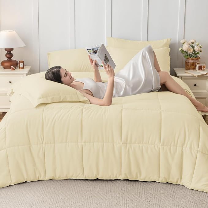 JOLLYVOGUE Twin Comforter Set, Ultra-Soft Bed in a Bag Twin Size 5 Pieces, Oeko-TEX Certified Bedding Set with Down Alternative Comforter, Sheets, Pillowcases & Shams, Light Yellow