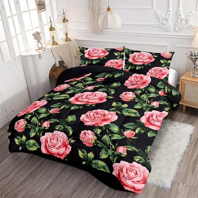 Rose Comforter Set Queen 3 Pieces Pink Rose Floral Bedding Set Black Romantic Soft Microfiber Down Alternative Comforter with 2 Pillowcases