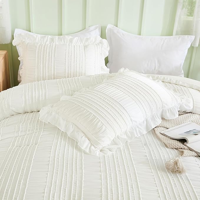 WONGS BEDDING White Comforter Set King,3 Pieces Ruffle Farmhouse Shabby Chic Boho Comforter for King Bed,Soft Textured Bedding Set with 1 Ruffle Comforter,2 Tufted Pillowcases 104"×90"