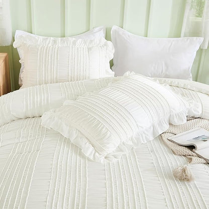 WONGS BEDDING White Queen Comforter Set,Boho Ruffle Comforter for Queen Bed,Soft Seersucker Shabby Chic Bedding Set with 1 Comforter,2 Tufted Pillowcases 90"×90"