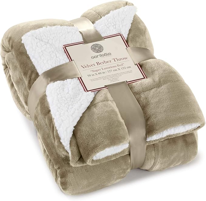 Genteele Sherpa Throw Blanket Super Soft Reversible Ultra Luxurious Plush Blanket, 50 x 60 inches, Taupe/White