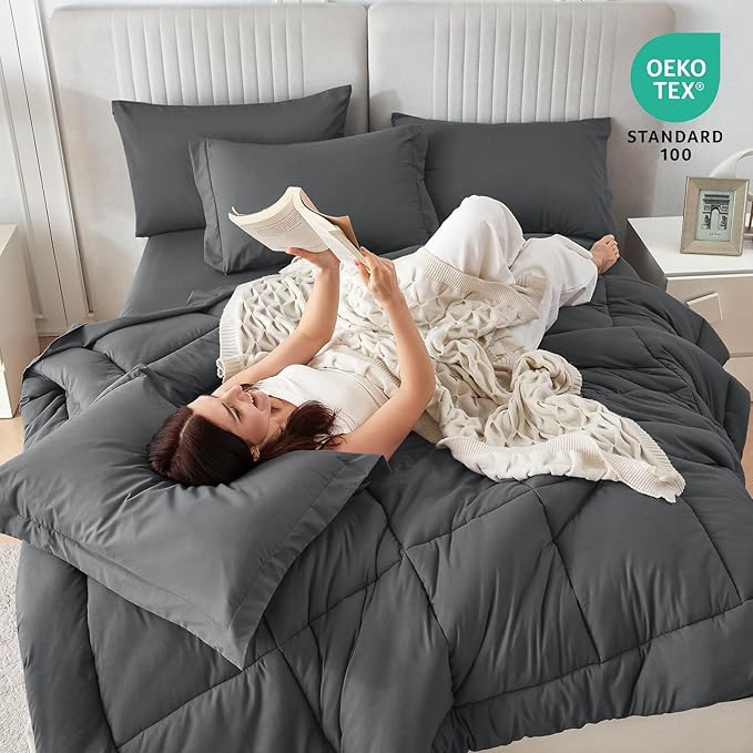 Sasttie Twin XL Comforter Set, 5 Pieces Twin XL Bed in a Bag, Complete Bedding Set Includes Grey Comforter, Flat Sheet, Fitted Sheet, Pillowcase and Pillow Sham, Dark Grey