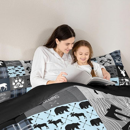 Cabin Retro Rustic Lodge Quilt Full Size, Bear Deer Country Comforter Set For Kids Boys Teens Bedroom Decor, Hunting Wild Animal Bedding Plaid Checkered Adventure Down Comforter With 2 Pillow Cases
