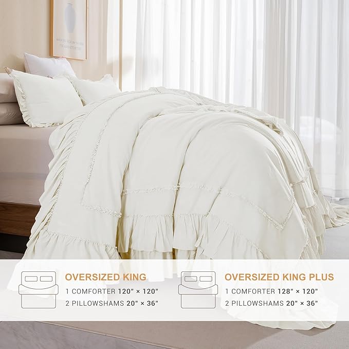 Masaca Oversized King Comforter 120x120,Farmhouse Shabby Boho Chic Ruffle California King Comforter Set French Country Rustic Bedding 3PCS (1 Ivory Ruffled Comforter+2 Pillow Shams)