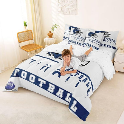Erosebridal Football 7 Pcs Comforter Set King Football Fans Bedding for Boys Girls Football City Sheet Set Bed in A Bag Blue Rugby Competition Room Decor Sports Ball Game Quilt