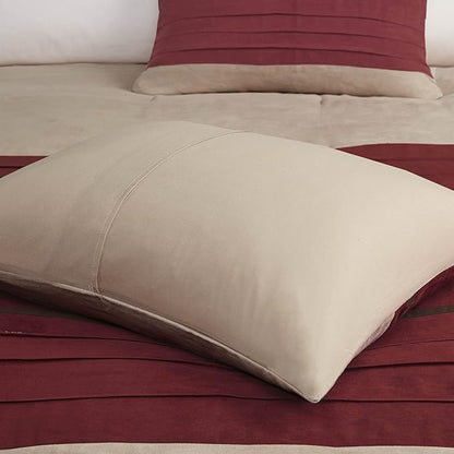 Madison Park Palmer Comforter Set-Luxury Faux Suede Design, Striped Accent, All Season Down Alternative Bedding, Matching Shams, Decorative Pillow, Bed Skirt, Queen (90 in x 90 in), Red 7 Piece