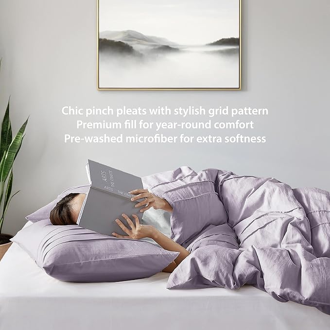 Queen Size Comforter Set Lavender Purple, 3 Pieces Bedding Set, Ultra Soft Prewashed Bed Set, Pinch Pleat All Seasons Lightweight Comforter and Shams