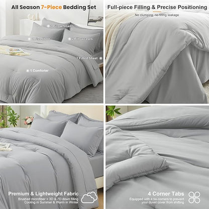 Oversized Queen Comforter Set 7 Piece - Soft Bed in a Bag Queen Size Comforter Sets, Cozy Bedding Sets with All Season Comforter, Flat Sheet, Fitted Sheet,2 Pillowcases & 2 Shams, Light Gray