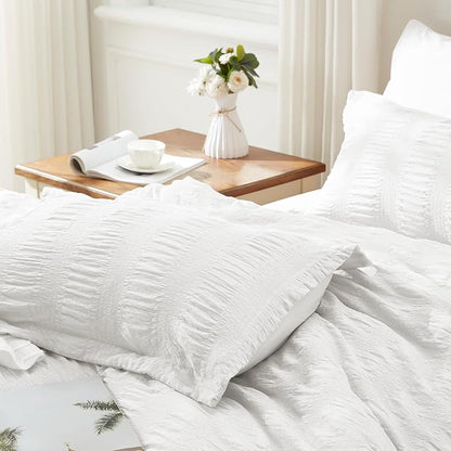 Zzlpp King Comforter Set 7 Pieces, White Seersucker Bed in a Bag with Comforter, Pillow Shams, Pillowcases, Flat Sheet, Fitted Sheet
