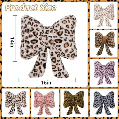 Leopard Print Throw Pillow Furry Bow Plush Pillows Cute Flower Plush Pillow Cheetah Home Decor Stuffed Bow Lumbar Pillow for Bed Couch Living Room Decor (White-B, 16in)
