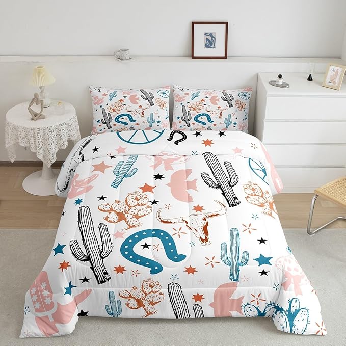 Feelyou Pink Western Aztec Bedding Set Kids Wild Cowboy Comforter Set Toddler Size Horseshoes Cactus Bull Skull Boots Boho Rustic Duvet Quilt for Women Men Room Decor Soft with 1 Pillow Case 2Pcs