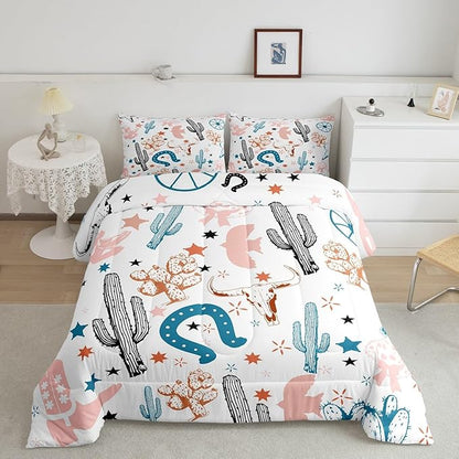 Feelyou Pink Western Aztec Bedding Set Kids Wild Cowboy Comforter Set Toddler Size Horseshoes Cactus Bull Skull Boots Boho Rustic Duvet Quilt for Women Men Room Decor Soft with 1 Pillow Case 2Pcs