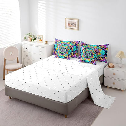 Oriental Mandala Comforter Set Vintage Floral Bedding Comforter Sets for Toddler Kids, Art Deco Medallion Bed in a Bag Boho Teal Pink Bedding King Size 7pcs, Retro Aesthetic Bedding Accessories