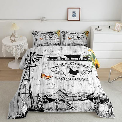 Erosebridal Windmill Bedding King Size, Rustic Farmhouse Comforter Set Retro Vintage Windmill Bedding Comforter Sets, Wooden Planks Barn Door Down Comforter with 2 Pillowcases for All Season