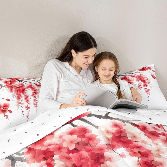 Manfei Red Flower Comforter Set King Size, Watercolor Cherry Blossom Bedding Set 3pcs, Japanese Style Pink Floral Print Down Comforter, Kids Girls Women Room Decor, 2 Pillowcases, No Sheets