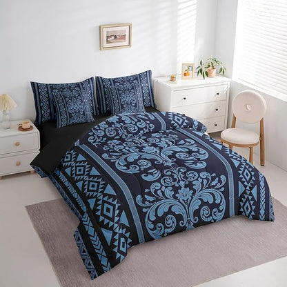 Comforter Set Queen Size, Navy Blue Aztec Damask 7 Pcs Bedding for Kids and Adults, Western Goth Floral Victorian Bed Sheet Sets with Fitted Sheet 2 Pillowcases & 2 Shams for Bedroom Bed Decor