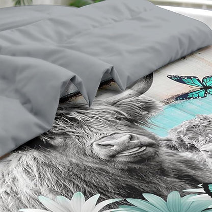 Comforter Set Twin Size, Highland Cow Bull 5 Pcs Bedding for Kids and Adults, Flower Daisy Retro Bed Sheet Sets with Fitted Sheet Pillowcases & Shams for Bedroom Bed Decor