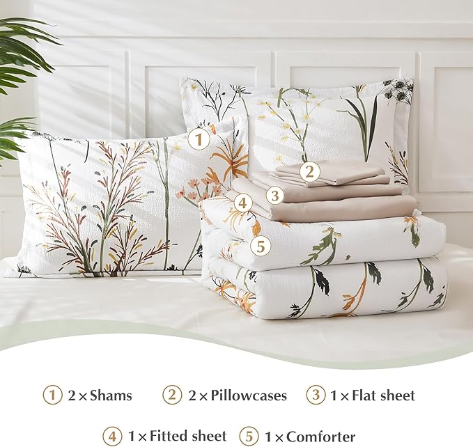 CASAAGUSTO King Comforter Set 7 PCS White & Green Dandelion Plant Comforter Set with Flowers Leaves Pattern Soft Seersucker Design All Season Bedding Set(102"X90")