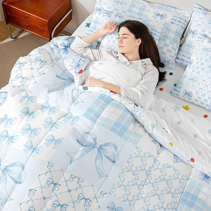 Feelyou Blue Bow Comforter Set Queen Size 7 Pieces Cute Bowknot Bedding Set for Kids Boys Girls Bow Plaid Grid Bed in a Bag with Comforter, Sheets, Pillowcases, Cushion Covers Princess Decor