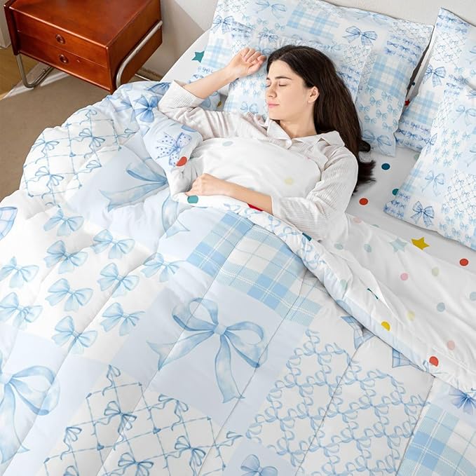 Feelyou Blue Bow Comforter Set King Size 7 Pieces Cute Bowknot Bedding Set for Kids Boys Girls Bow Plaid Grid Bed in a Bag with Comforter, Sheets, Pillowcases, Cushion Covers Princess Decor