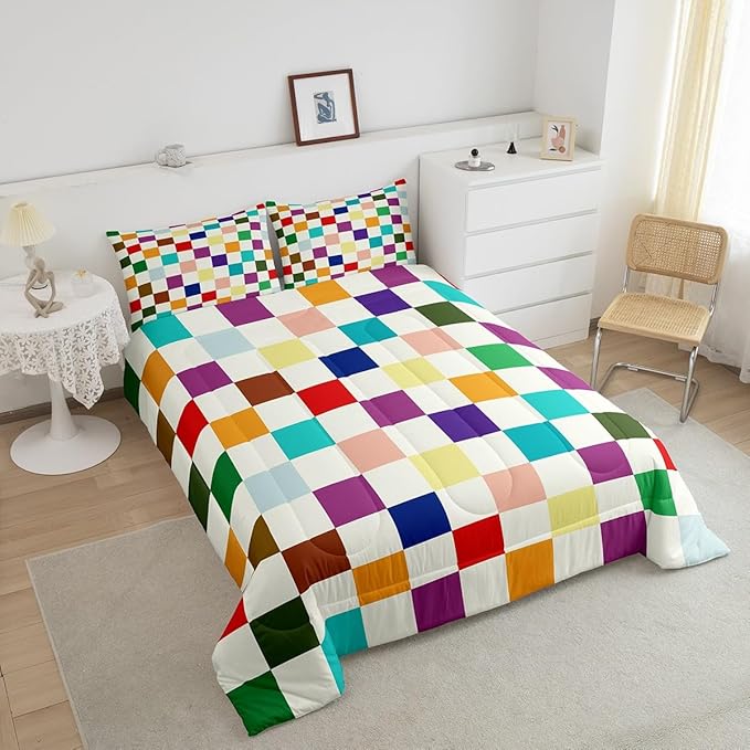 Feelyou Colorful Checkered Retro Bedding Set Kids Boys Girls Modern Geometric Cute Comforter Set Twin Size Beige Colorful Duvet Insert Vintage Simple Groovy Aesthetic Room Decor