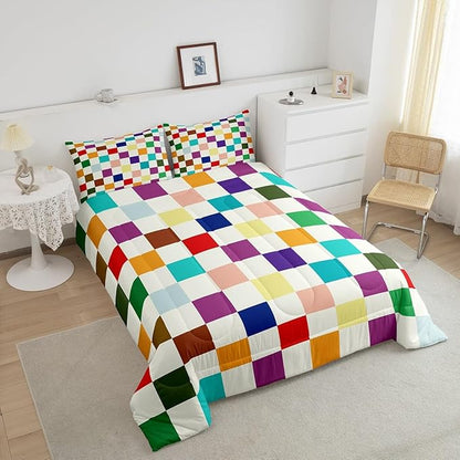 Feelyou Colorful Checkered Retro Bedding Set Kids Boys Girls Modern Geometric Cute Comforter Set Queen Size Beige Colorful Duvet Insert Vintage Simple Groovy Aesthetic Room Decor