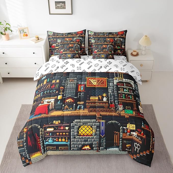 Building Games 7Pcs Comforter Set King Size,Sandbox Block Pixelated Bedding Set for Kids Teens Boys Room Decor,Miner Style Fitted Flat Sheet Cartoon Gamepad Reversible 2 Throw Pillow,2 Pillowcases