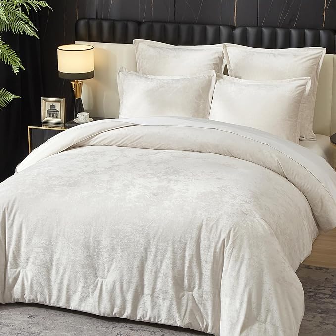 Ivellow Crushed Velvet Comforter Set King Ivory Comforter Set 5pcs Ultra Soft Lightweight Breathable Bedding Set Luxury Cozy Flannel Comforter King Size (1 Comforter,2 Pillow Shams, 2 Euro Shams