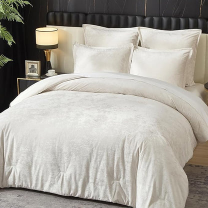 Ivellow Crushed Velvet Comforter Set Queen Ivory Comforter Set 5pcs Ultra Soft Lightweight Breathable Bedding Set Luxury Cozy Flannel Comforter Queen Size (1 Comforter,2 Pillow Shams, 2 Euro Shams