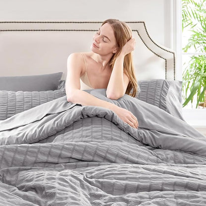 CozyLux King Size Comforter Set Grey Seersucker 7 Pieces Bed in a Bag King Comforter Set with Sheets, Gray Luxury Bedding Set with Down Alternative Comforter, Sheets, Pillowcases & Shams All Seasons