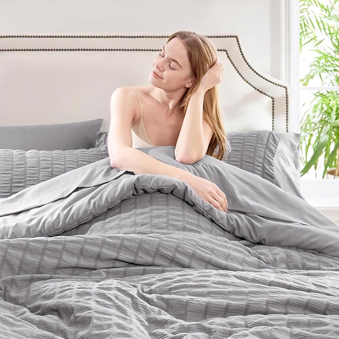 CozyLux Queen Comforter Set Grey Seersucker 7 Pieces Bed in a Bag Queen Comforter Set with Sheets, Gray Luxury Soft Bedding Set with Down Alternative Comforter, Sheets, Pillowcases & Shams All Seasons