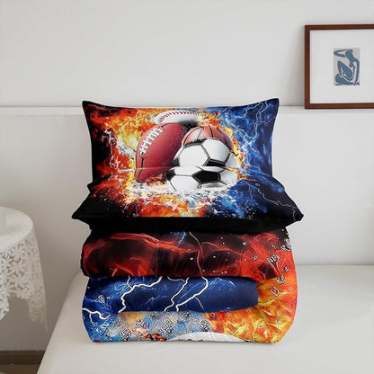 Feelyou Sports Comforter Set for Boys Comforter Set Queen Size Football Baseball Bedding Set for Kids Ultra Soft Ball Games Bedroom Decor with 3D Soccer, Basketball Design
