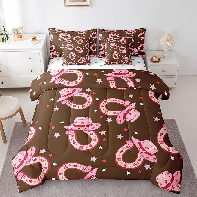 Feelyou Pink Western Cowgirl Comforter Set with Sheets Twin Size Kids Rodeo Horseshoe Hat 7 Pieces Bedding Set for Boys Girls Teens West Cowboy Bed in a Bag Grunge Design Bed Set