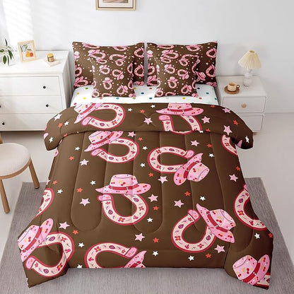 Feelyou Pink Western Cowgirl Comforter Set with Sheets Full Size Kids Rodeo Horseshoe Hat 7 Pieces Bedding Set for Boys Girls Teens West Cowboy Bed in a Bag Grunge Design Bed Set