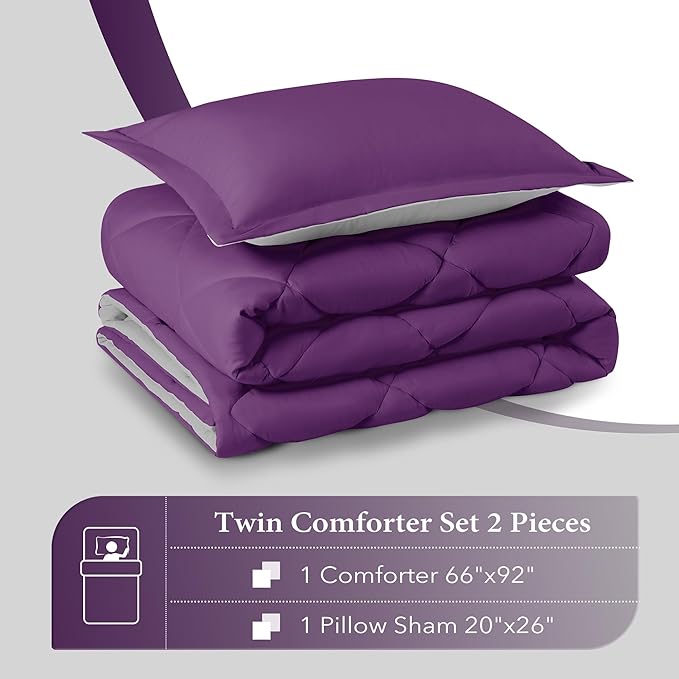 downluxe Twin Comforter Set - Purple and Grey Twin Comforter, Soft Bedding Sets for All Seasons -2 Pieces - 1 Comforter (66"x92") and 1 Pillow Sham(20"x26")