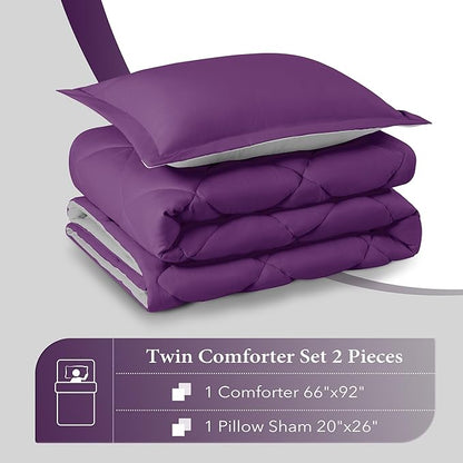 downluxe Twin Comforter Set - Purple and Grey Twin Comforter, Soft Bedding Sets for All Seasons -2 Pieces - 1 Comforter (66"x92") and 1 Pillow Sham(20"x26")