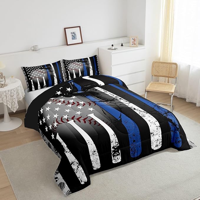 Erosebridal Baseball Comforter Set King,Grunge Style Baseball Bat Softball Bedding Set for Kids Boys Teens,American Flag Stars Striped Duvet Insert,Ball Sports Game Down Comforter with 2 Pillow Shams
