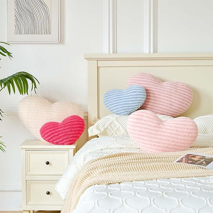 Pink Heart Pillows, 19.6" Cute Heart Decorative Pillow, Stripe Heart Shaped Plush Throw Pillows for Bed